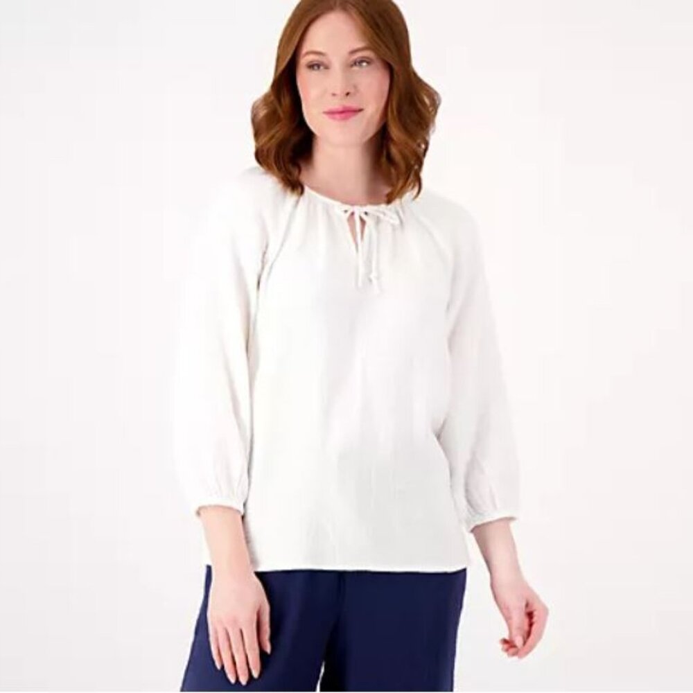 Encore by Idina Menzel Double Gauze 3/4 Sleeve Romantic Blouse-White-Large